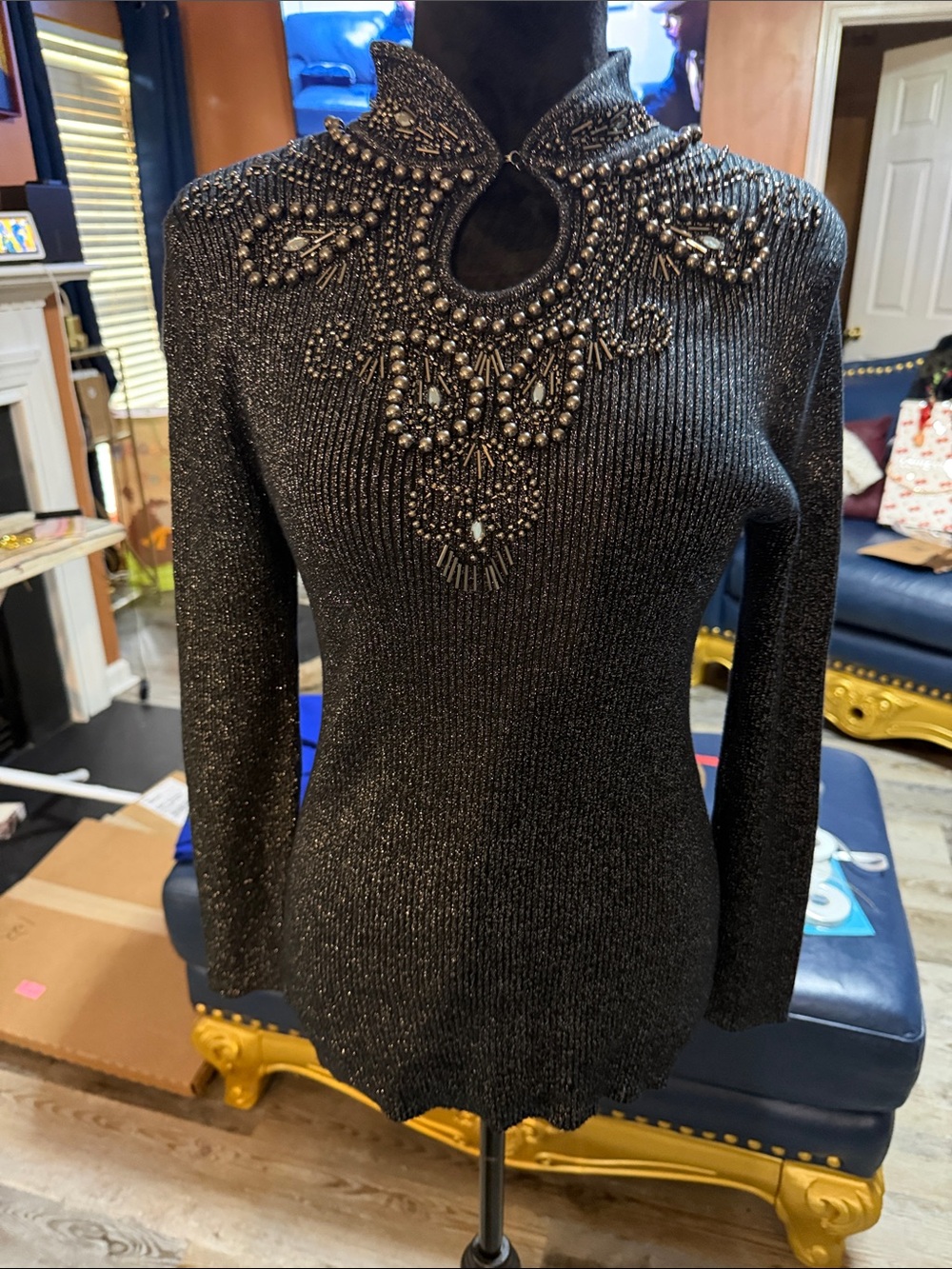 Lauren Michelle Embellished Black Sparkle Knit Top with Keyhole Neck